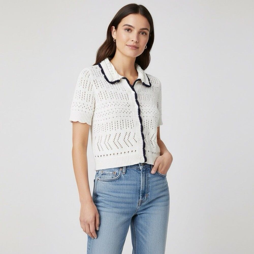 Maeve Short-Sleeve Open-Stitch Polo Coastal Chic Preppy Sz XS Cardigan Sweater